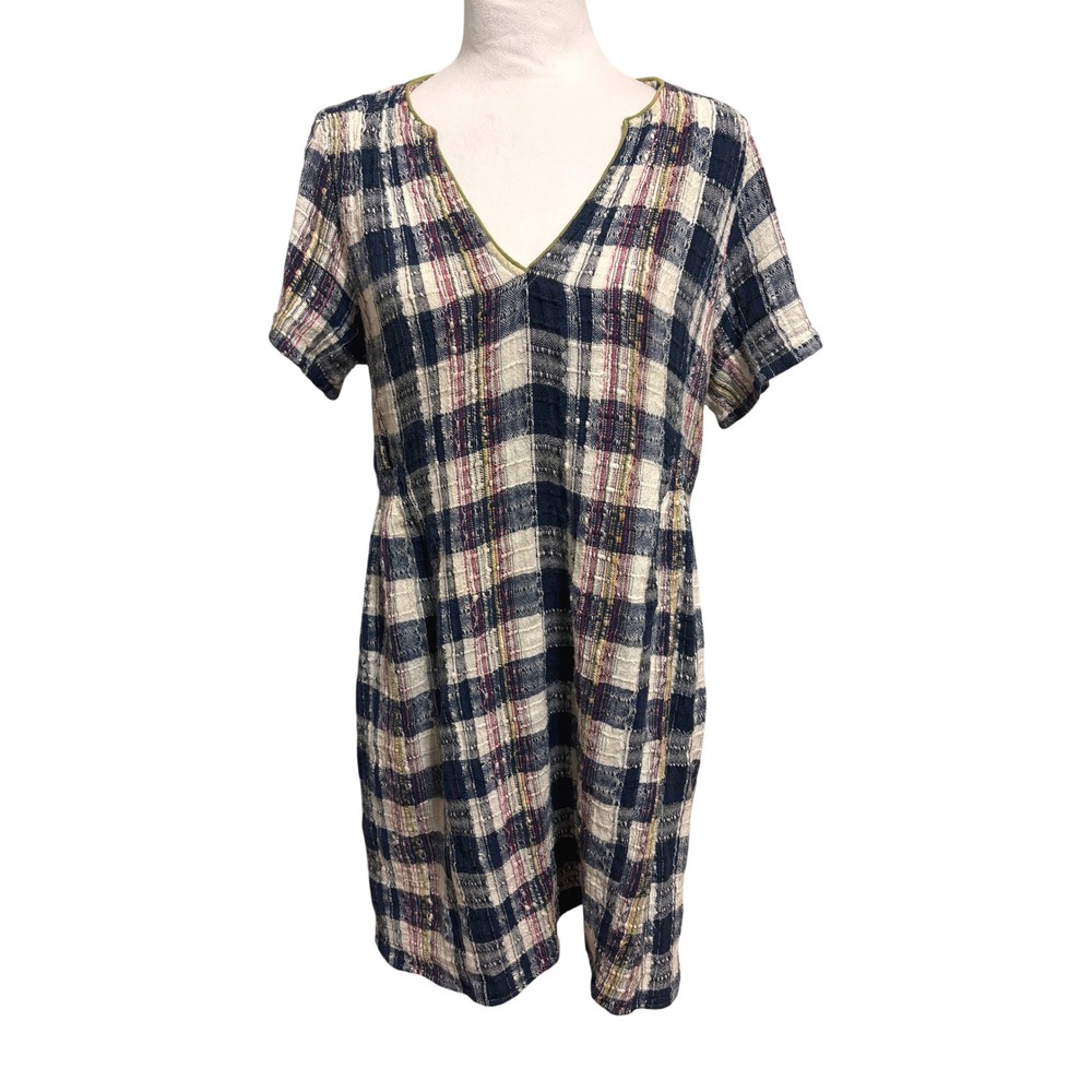 dRA Anthropologie Plaid Shift Dress Women MP Navy Woven Cotton Boho Coastal‎